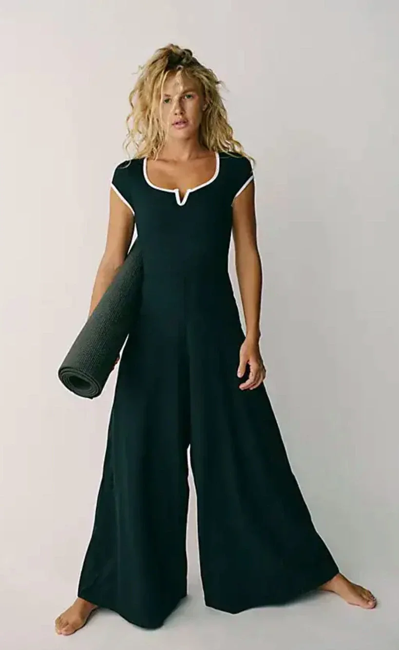 NEW FREE PEOPLE FP MOVEMENT BLACK WHITE PIPE DREAM ONE PIECE JUMPSUIT SZ XS